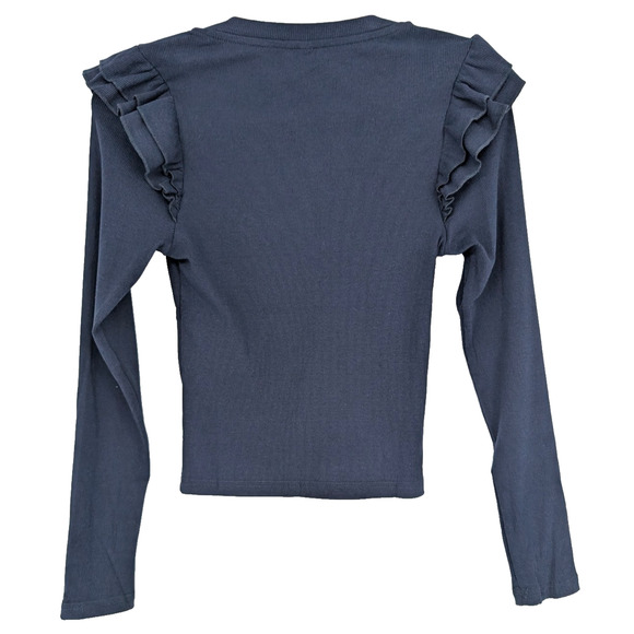 Womens Navy Ribbed Ruffle Sleeve V Neck Preppy Twee Coquette Cropped Shirt Small - Picture 2 of 7